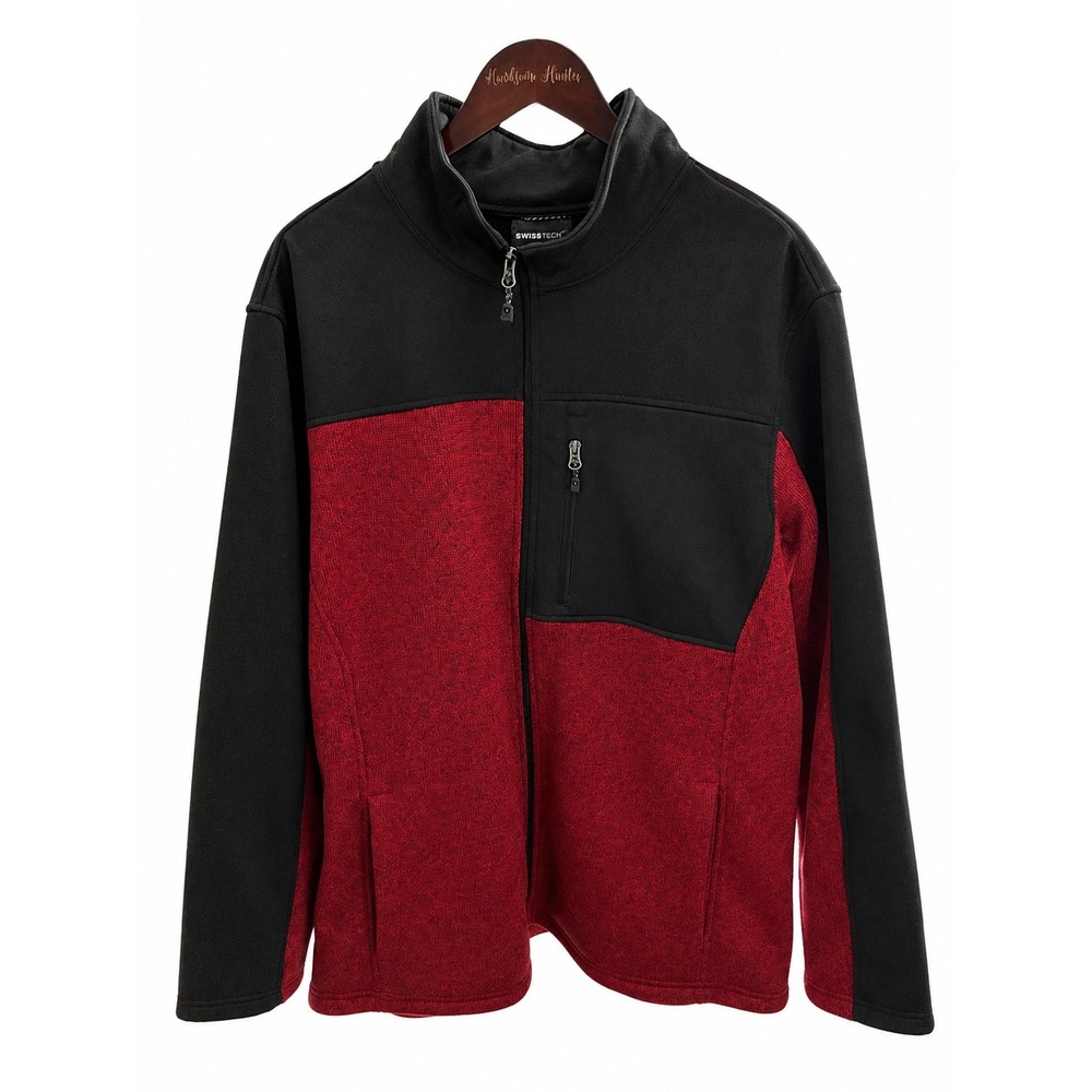 Swiss Tech Full Zip Jacket Mens 2XL Red Black EUC Colorblock Softshell Sweater